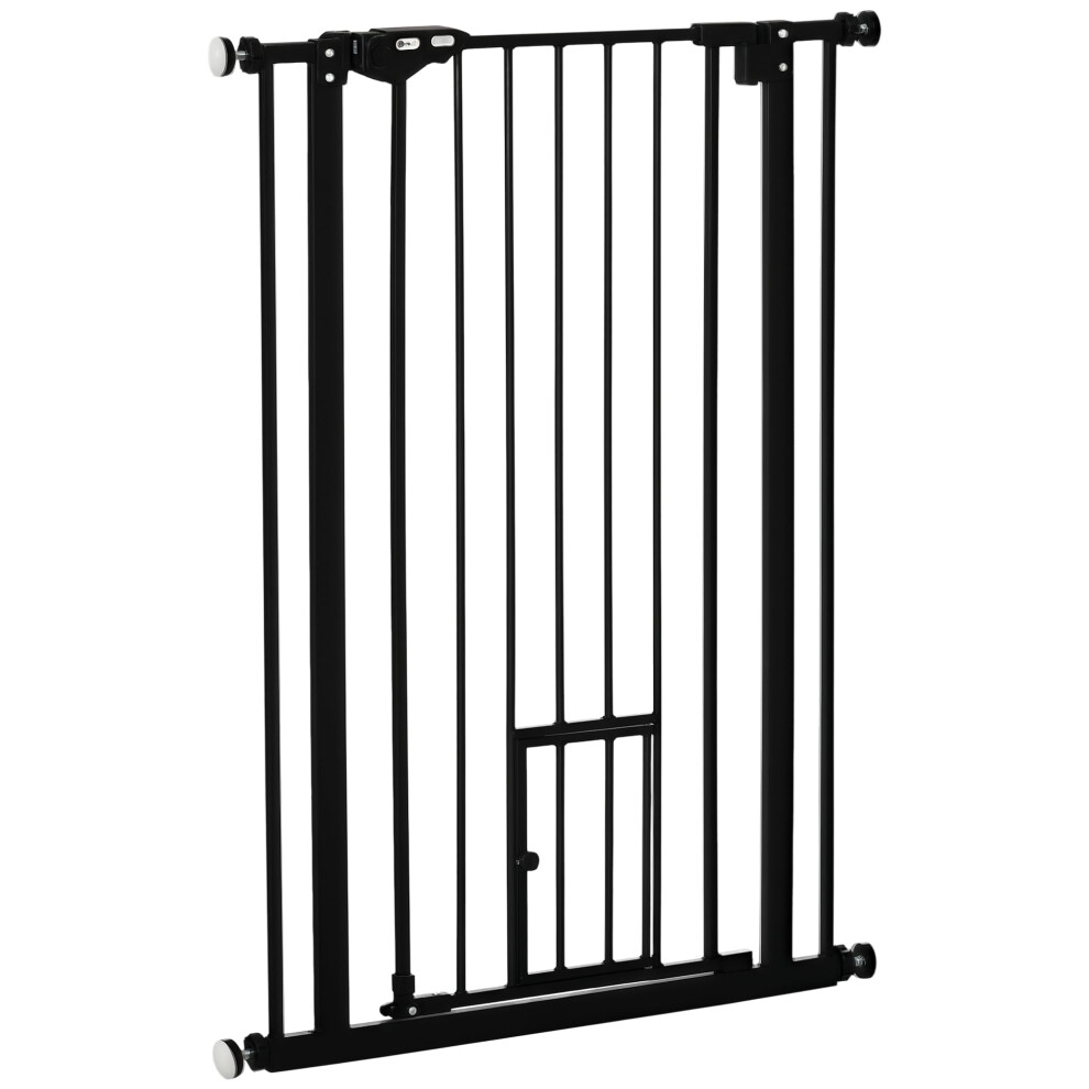 Pawhut Extra Tall Dog Gate With Cat Door Auto Close For Stairs 74-80 Cm Wide