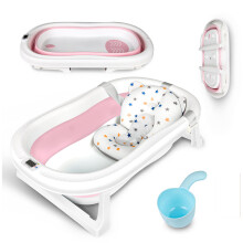 Large Size Baby Bathtub with Temperature Sensing, Foldable Baby Bath Tub with Cushion Pad, Non-Slip Support Leg, Collapsible Tub for Toddler Baby Kid