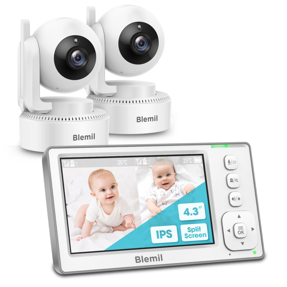 Blemil Upgrade Baby Monitor with 29-Hour Battery, 4.3'' IPS Split-screen Video Baby Monitor with two Cameras and Audio, Remote Pan/Tilt/Zoom, Two-Way