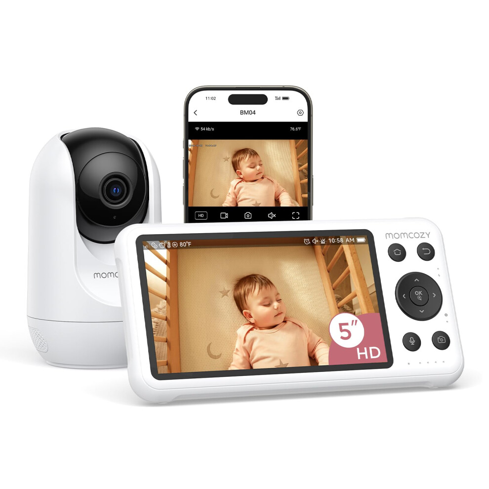 Momcozy Smart WiFi Baby Monitor with Camera and Audio, 5" 1080P Screen with Wall Mount, Motion & Cry Detection, Safe Fence, Clear Night Vision, 5000m