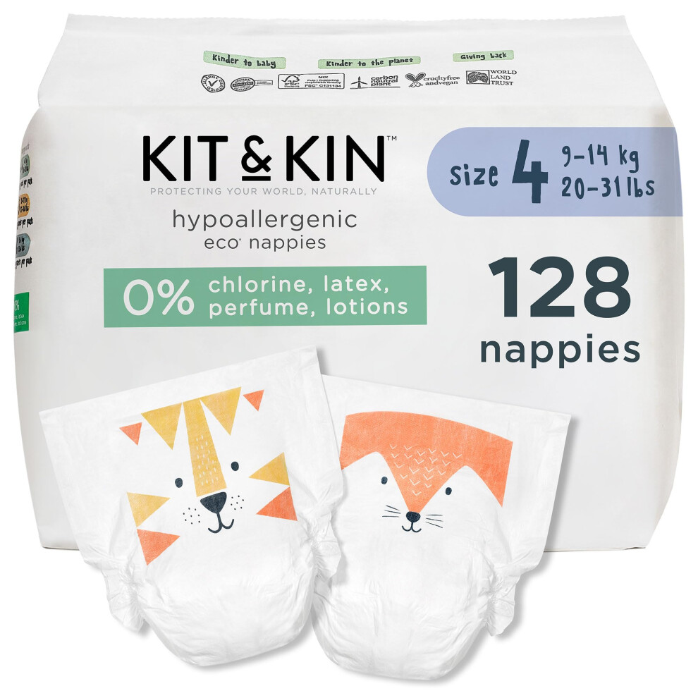 Kit & Kin Premium Eco Baby Nappies Size 4 | 9-14 kgs / 20-31 lbs | Pack of 128 Nappies | Plant-Based & Hypoallergenic | Superior up to 12 Hour Leak P-image-OPC-PJRD85X-NEW