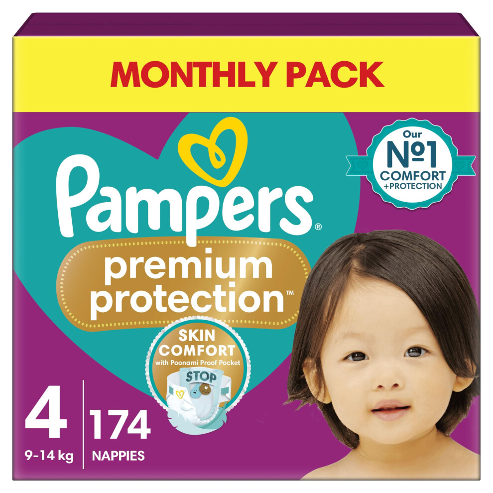 Premium Protection Size 4, 174 Nappies, 9Kg-14Kg, Monthly Pack, Double Protection For Skin And Against Leaks Pampers