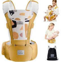 Bebamour Baby Carrier Newborn to Toddler Baby Carrier Hipseat 0-36Months with Head Hood, 3 PCS Teething Pads, Waist Extender, Yellow