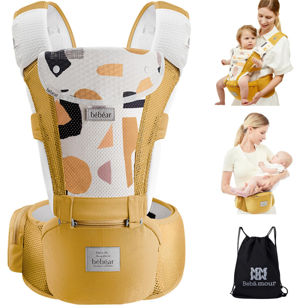 Bebamour Baby Carrier Newborn To Toddler Baby Carrier Hipseat 0-36Months With Head Hood, 3 Pcs Teething Pads, Waist Extender, Yellow Bebear
