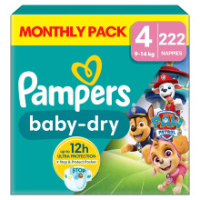 Pampers Baby-Dry Paw Patrol Edition Size 4, 222 Nappies, 9kg - 14kg, Monthly Pack, with A Stop & Protect Pocket to Help Prevent Leaks at The Back