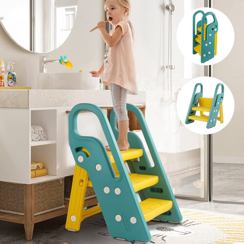 Onasti Foldable Step Stool for Kids, 2 Steps - 3 Steps Height Adjustable Toddler Step Stool, Toilet Steps for Potty Training, Learning Tower with Han 1