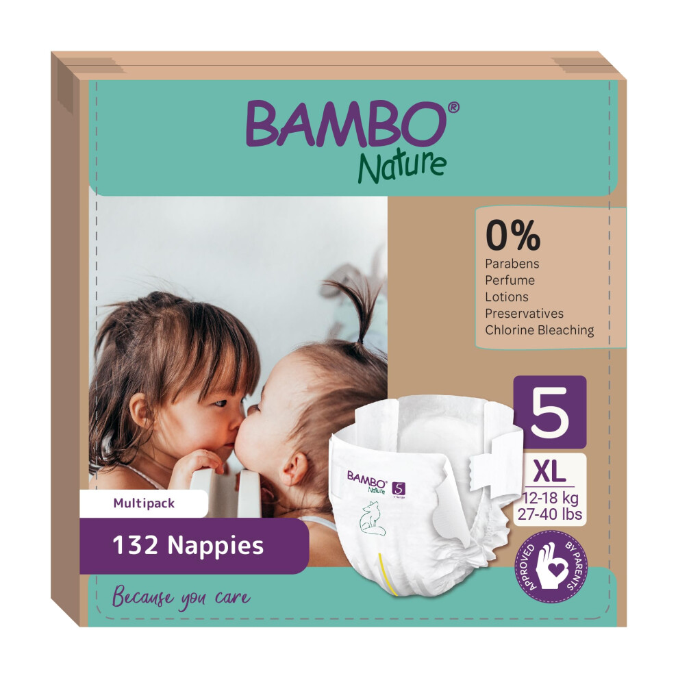 Premium Eco Nappies, Size 5 (27-40Lb/12-18Kg), Junior, 132Pk, Eco-Labelled Nappies, Enhanced Leakage Protection, Secure And Comfortable Bambo Nature