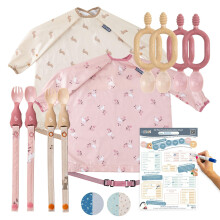 Baby Weaning Set – 2 Feeding Bibs, 4 Weaning Spoons, 2 Baby Cutlery Sets & Weaning Poster, BPA-Free, Perfect for Weaning and First Foods - Blush