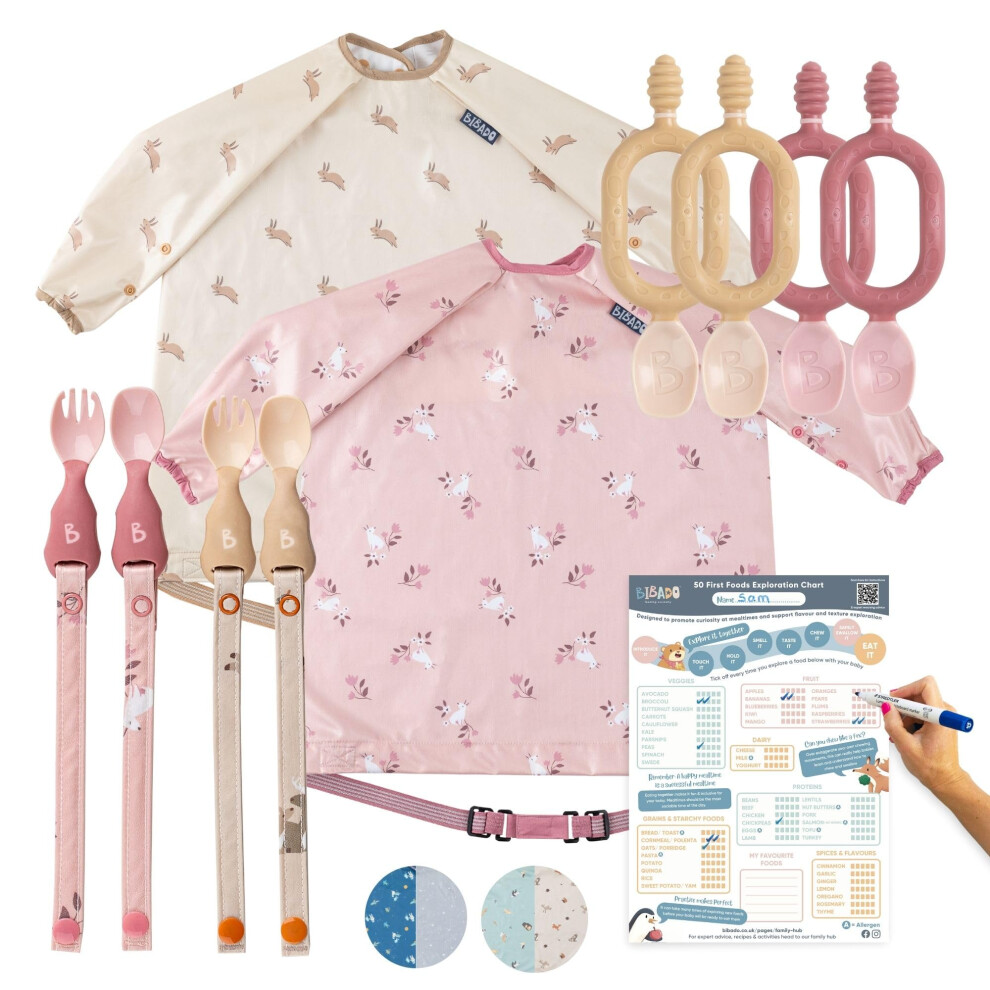 Bibado Baby Weaning Set – 2 Feeding Bibs, 4 Weaning Spoons, 2 Baby Cutlery Sets & Weaning Poster, Bpa-Free, Perfect For Weaning And First Foods - Blush