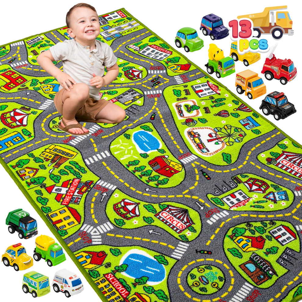 Kids Toy Rug Gift Set-City Playmat With Road Tracks & 12 Vehicles,Educational Carpet For Boys Girls,City Pretend Play,Durable Playroom Toy Mat Joyin