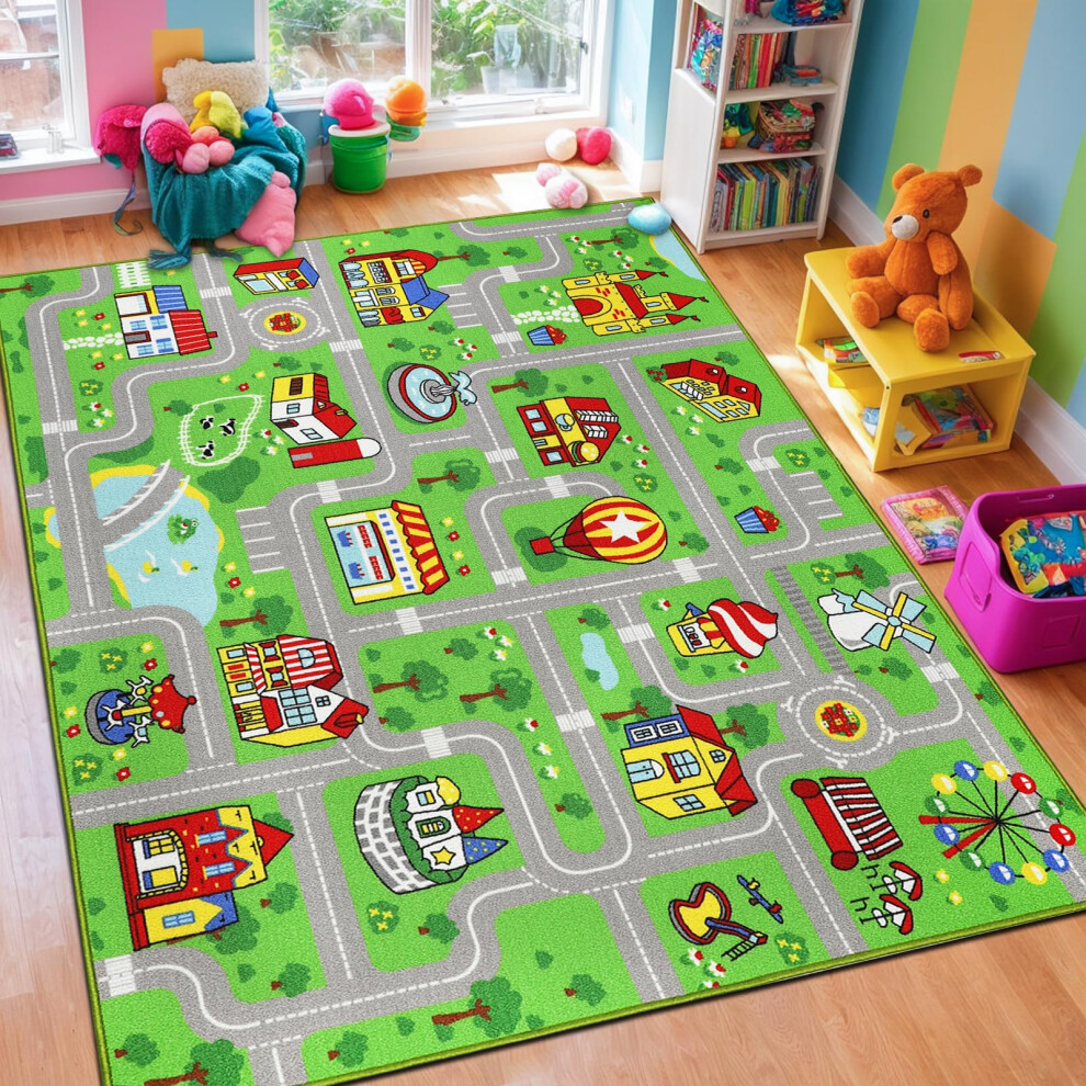 Kid Rug For Playroom 150X200cm Play Rug Traffic Road Car Play Game Mat Educational Learning Area Rug Kids Carpet For Children Bedroom Green Capslpad