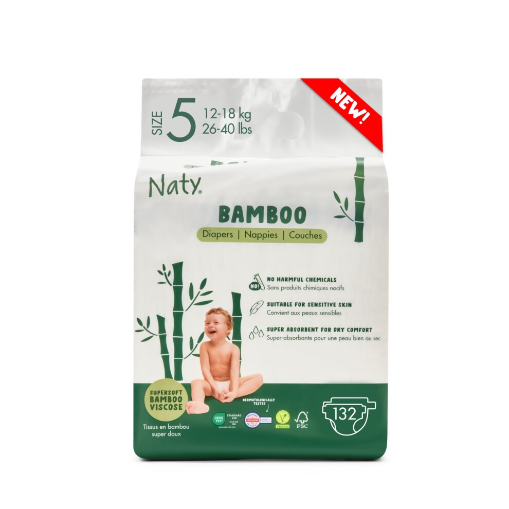 Naty Bamboo Viscose Baby Nappies – Silky Soft, Plant Based Nappy, Dermatologically Tested For Sensitive Skin & Super Absorbent (Size 5, 132 Count) Eco By Naty