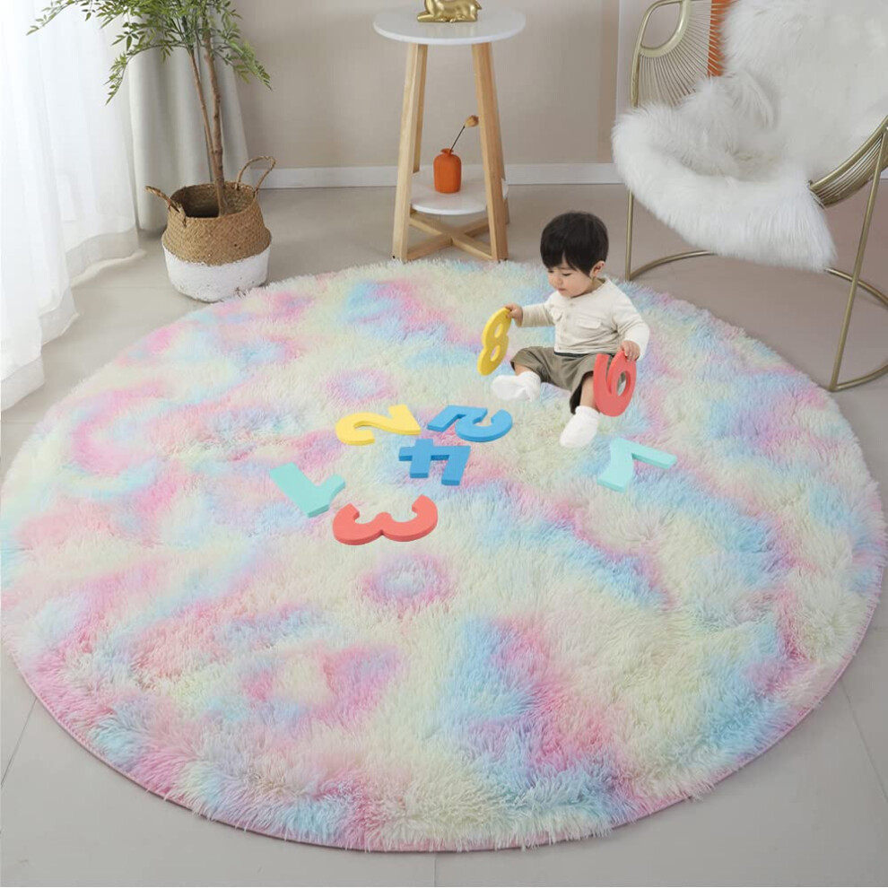 160Cm Fluffy Round Rainbow Rug For Bedroom Soft Fuzzy Circle Rug For Kids Girls Baby Room Indoor Plush Circular Nursery Rugs Shag Area Rugs F Omgreat