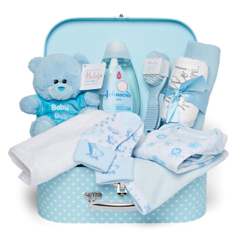 Baby Box Shop - Newborn Boy Gift Set, Blue Hamper with Plush Teddy Bear ...