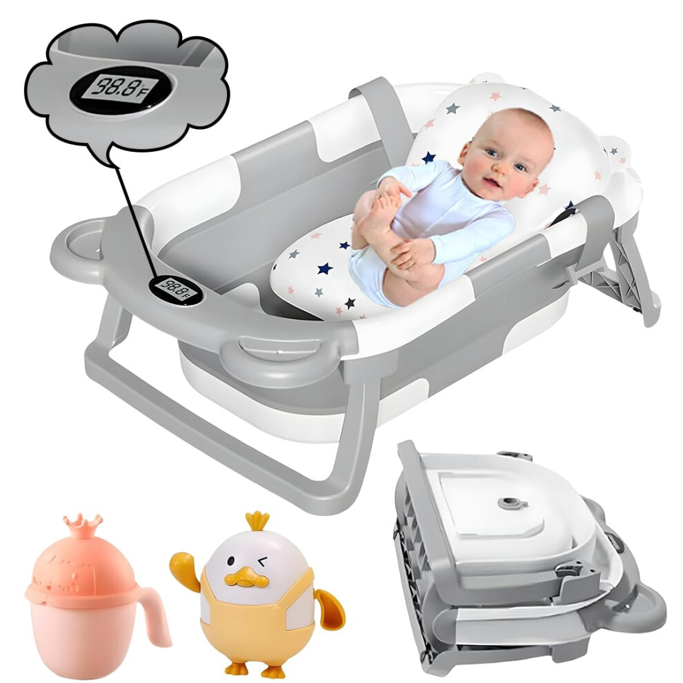 Matercubs Collapsible Baby Bath Tub With Thermometer - Baby Bath Support For Newborn Bath - Portable Bathtub With Drain Plug For Travel - Anti Slip T