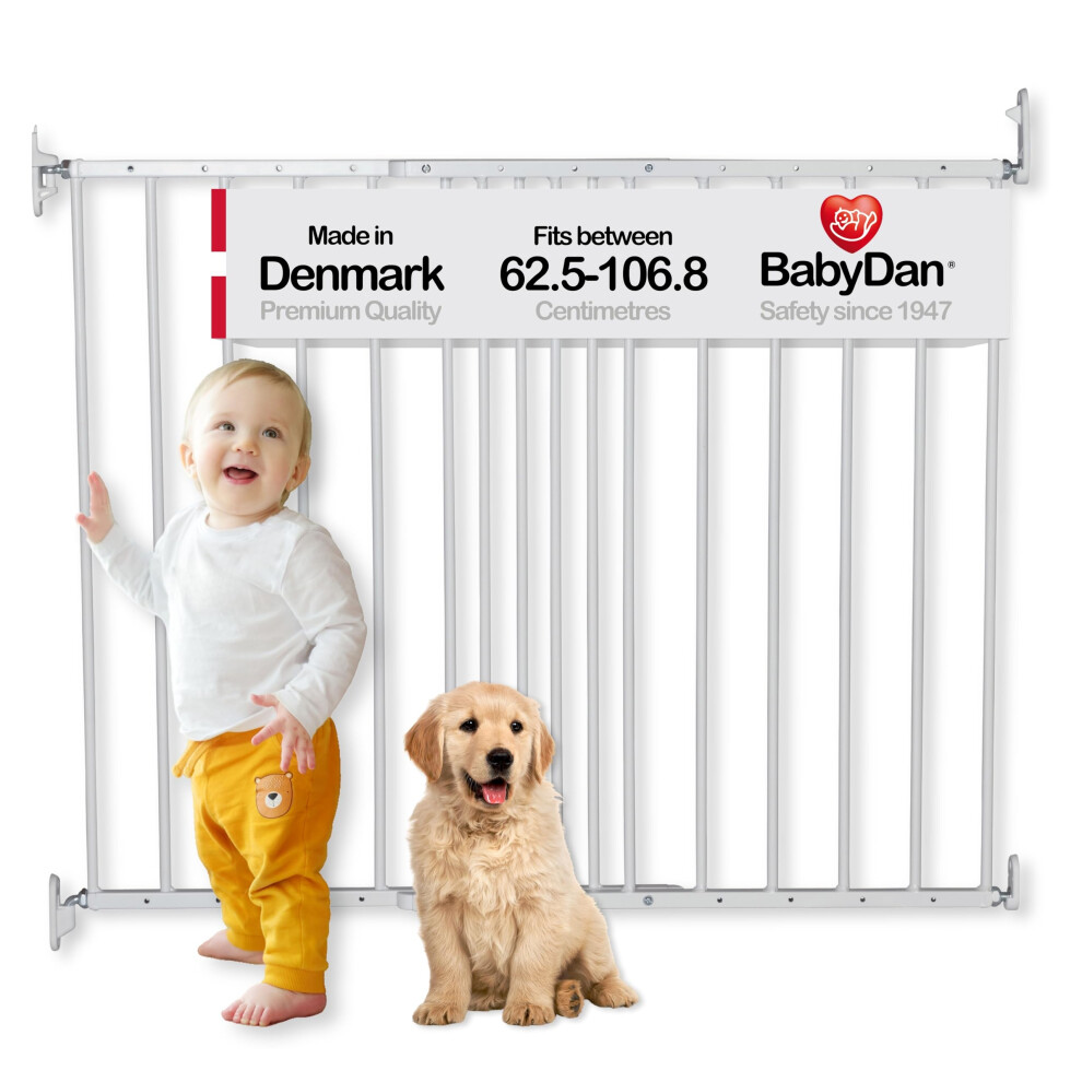 BabyDan Copenhagen, 62.5-106.8 cm, Extendable Stair Gate/Baby Gate/Safety Gate, Metal, White, Made in Denmark - (Pet Gate/Dog gate)-image-OPC-PJRD8V5-NEW