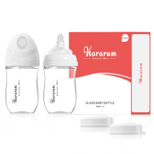 Hararum Glass Baby Bottles, 0-6 Months Newborn, 160ml with Slow Flow Breast-Like Teat (S), Anti-Colic, Wide Neck, Pack of 2 - White