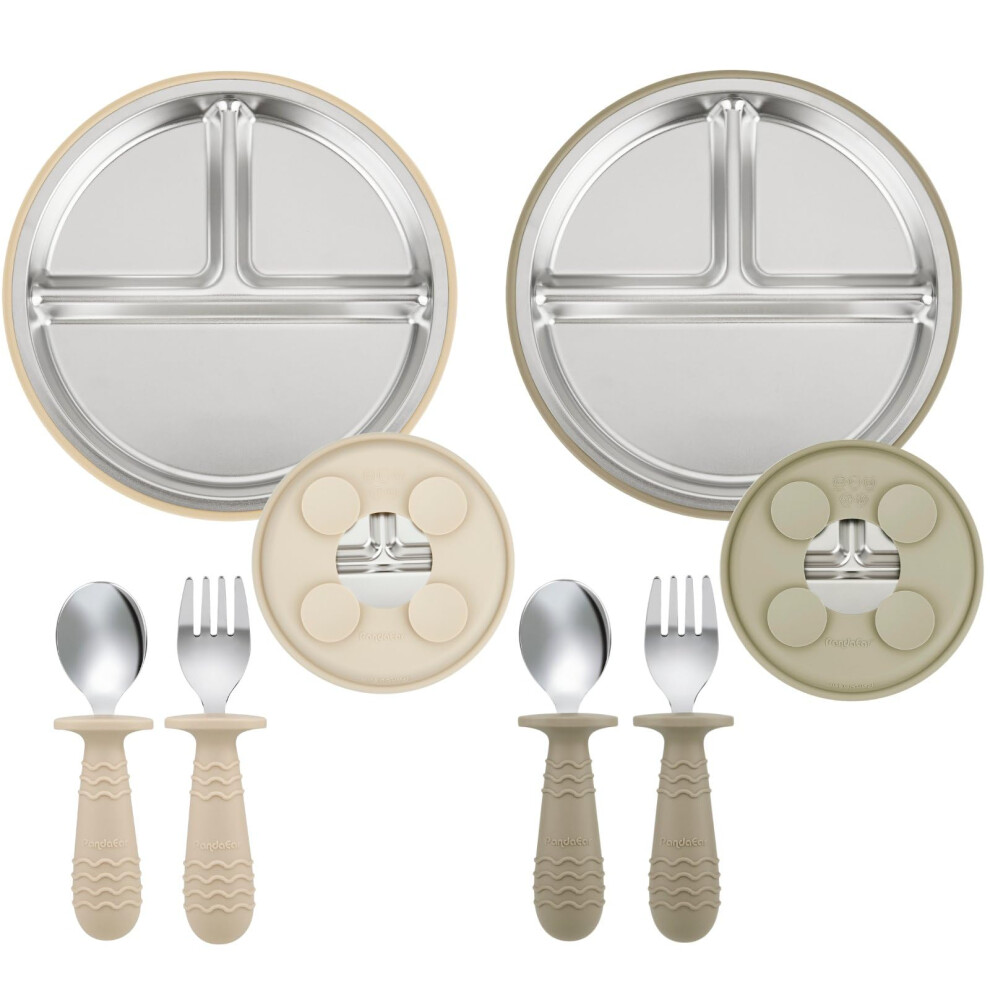 Pandaear 2 Pack Stainless Steel Baby Suction Plates & 2 Pack Spoons And Forks Set, Toddler Utensils Baby Feeding Set, Divided Plates For Baby Led Wea