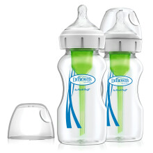 Dr Brown's Natural Flow Anti-Colic Options+ Wide-Neck Glass Baby Bottle, 9oz/270 ml, with Level 1 slow flow Teat, Pack of 2 Transparent (Packing May