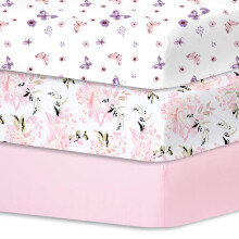 Bimocosy 3 Pack Cot Sheets,100% Microfiber- Breathable, 140 x 70cm Cozy and Lightweight Cot Fitted Sheets, Butterfly, Flower, Pink Print,Oeko-tex100
