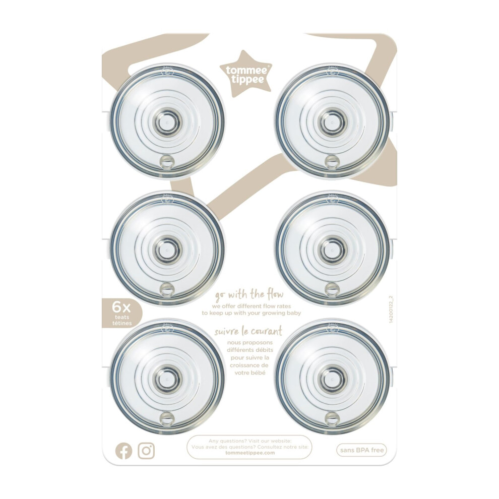 Tommee Tippee Closer to Nature Baby Bottle Teats, Breast-Like, Anti-Colic Valve, Soft Silicone, Fast Flow, 6m+, Pack of 6,Clear-image-OPC-PJRD9MW-NEW