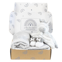 Baby Box Shop - 4 Baby Essentials for Newborn Unisex, Ideal as Baby Shower Gifts & Christening Gifts, Includes a Zebra Baby Comforter, Grey Fleece Ba