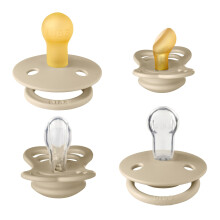 BIBS Try-it Soother 4-Pack. BPA Free, Round, Symmetrical and Anatomical Nipple. Natural Rubber Latex, Made in Denmark. 0+ Months (Pack of 4), Vanilla