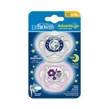Dr Brown's Natural Flow Advantage Glow in the Dark Soother 2 Count (Pack of 1), Assorted (Random Design/Selection not Possible)