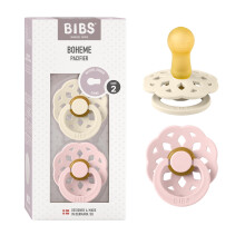BIBS Boheme Soother 2-Pack. BPA Free, Round Nipple. Natural Rubber Latex, Made in Denmark. Size 2 (6-18 Months), Ivory/Blossom