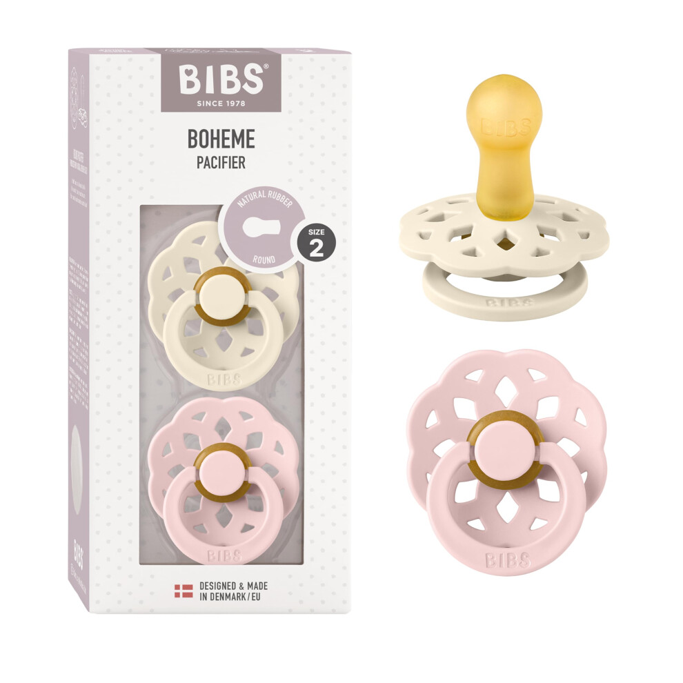 Boheme Soother 2-Pack. Bpa Free, Round Nipple. Natural Rubber Latex, Made In Denmark. Size 2 (6-18 Months), /Blossom Ivory Bibs
