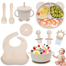 Dazhtu 10-Piece Baby Weaning Set - Silicone Feeding Set with Suction Bowl, Adjustable Bib, Cup, Fork & Spoon, Food Plate Kit, Ideal for Baby Gifts, B
