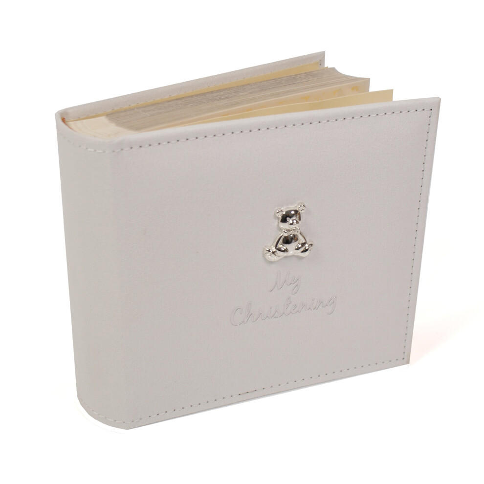 Suede 'My Christening' Album With Teddy Motif, Photo Size 6X4 White/Silver Shudehill Giftware