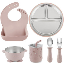 PandaEar 6-in-1 Stainless Steel Baby Feeding Set | Divided Baby Plates with Suction, Toddler Bowl, Sippy Cup with Straw, Baby Bib, Spoon & Fork | BPA