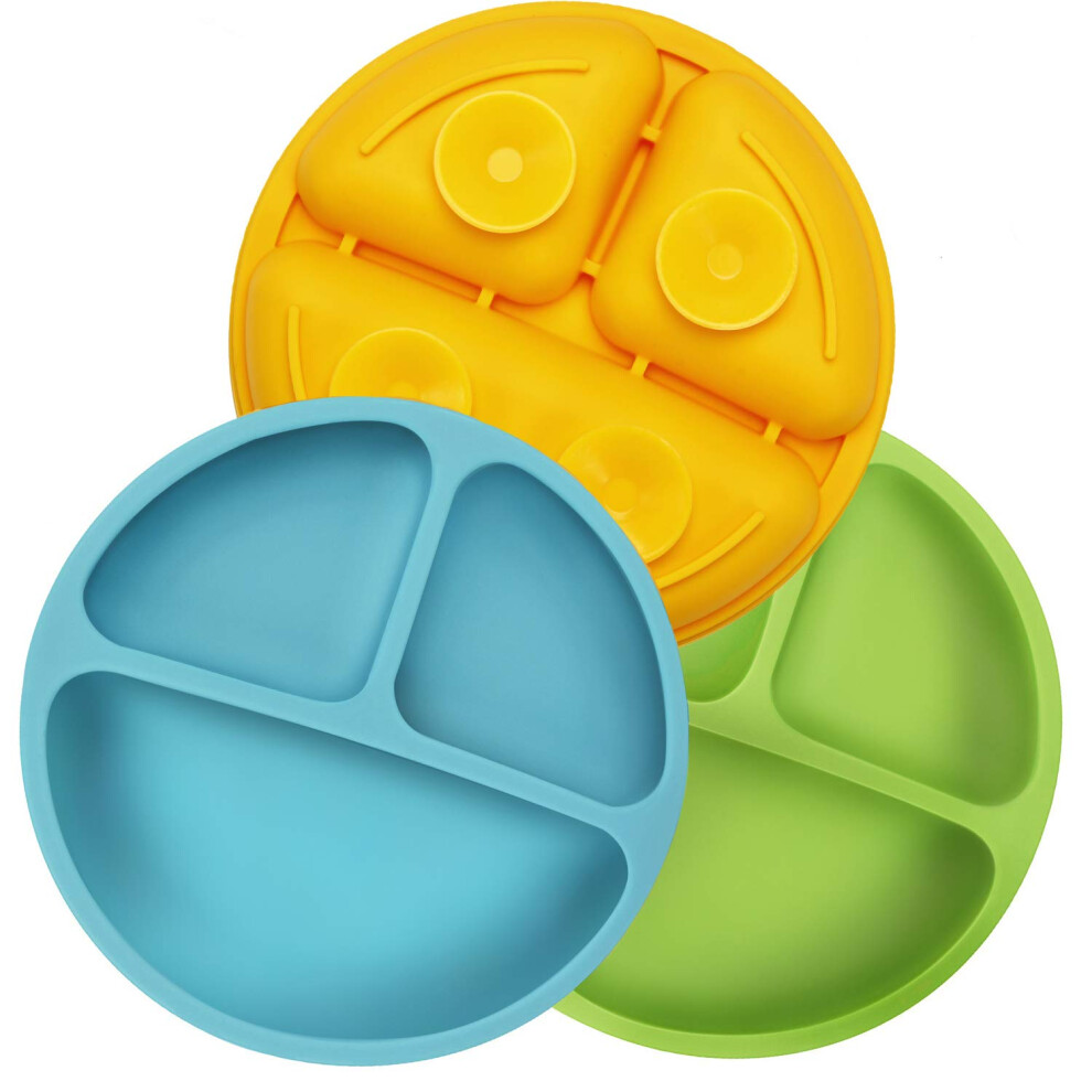 Baby Suction Plates Divided Unbreakable Silicone Baby Weaning Plates For Toddler Kids Children - 3 Pack - Non-Slip - Dishwasher And Microwav Pandaear