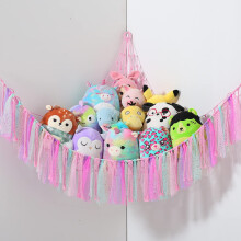 VISATOR Toy Hammock For Stuffed Animals Teddy Macrame Boho Bear Storage Plush Net Soft Teddies Corner Hanging Holder Room, Pink, (VCL001)