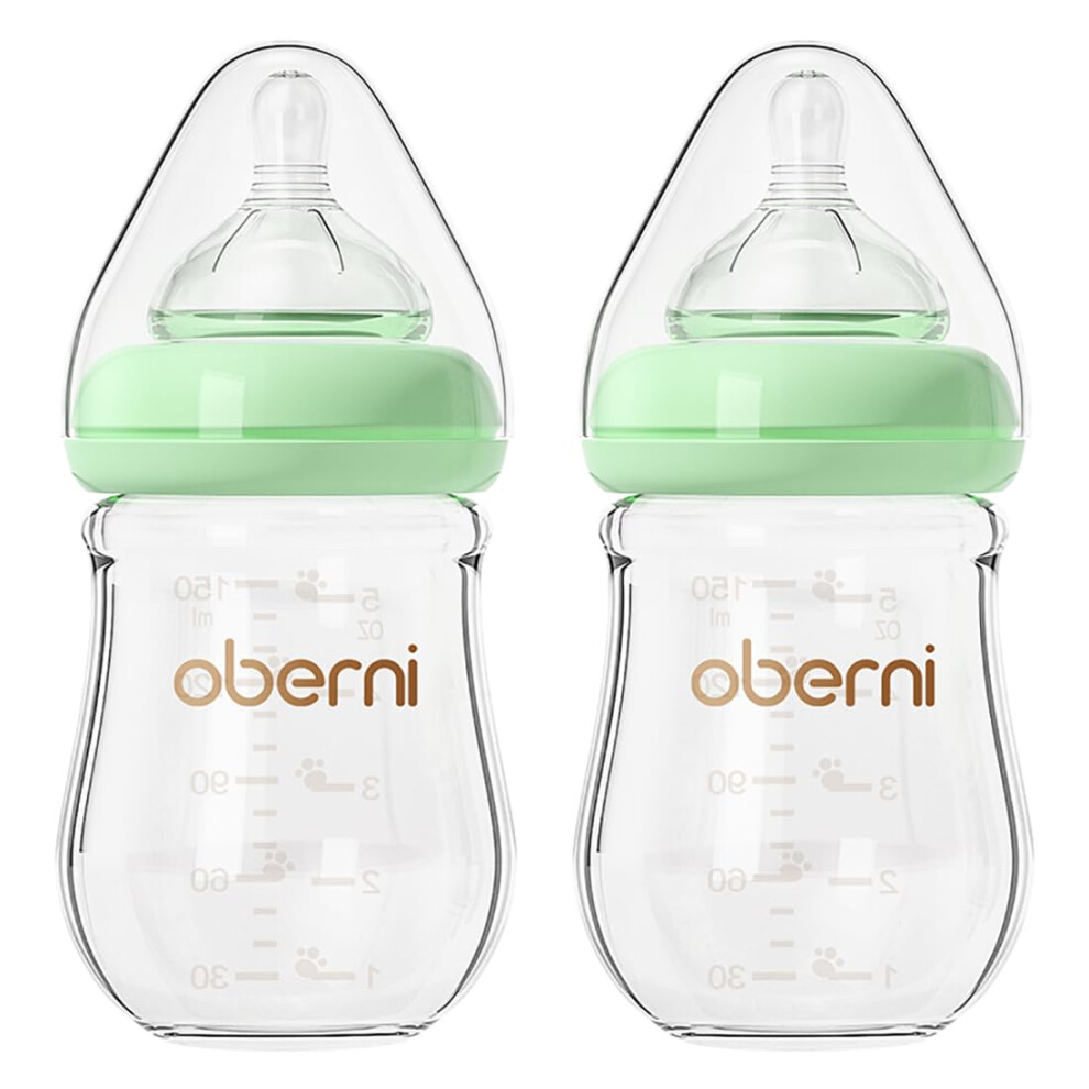 Anti-Colic Glass Baby Bottles With Slow Flow Breast-Like Silicone Teat, 150Ml, 0+ Months, Wide-Neck, /2Pack Green Oberni
