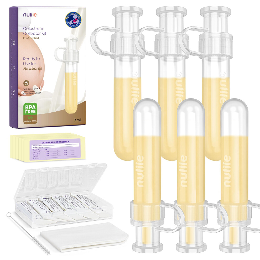 Nuliie Colostrum Collector Kit 7Ml/6Pcs, Leakproof, Reusable Breast Milk Collector, Heat & Freezer Resistant, Bpa-Free, With Cotton Cloth Wipe, Stora