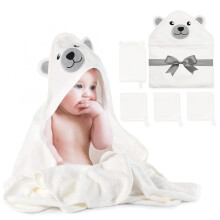 Momcozy Bamboo Baby Bath Towels Set 5 Packs, 1 * Baby Towels with Hood Newborn, 3 * Baby Washcloths, 1 * Baby Bath Glove, Soft and Super Absorbent Ba