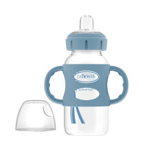 Dr. Brown's Milestones Wide-Neck Sippy Bottle with 100 Percent Silicone Handles, Easy-Grip Bottle with Soft Sippy Spout, 9oz/270ml, 6m+, Light Blue,