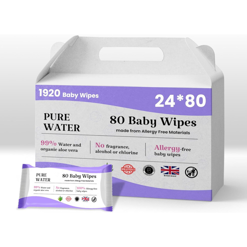 Pure Water Baby Wipes, 99% Water, Organic Aloe Vera, Fragrance-Free, Hypoallergenic (Pack Of 12 (12X80pcs)) Sweet Carefor