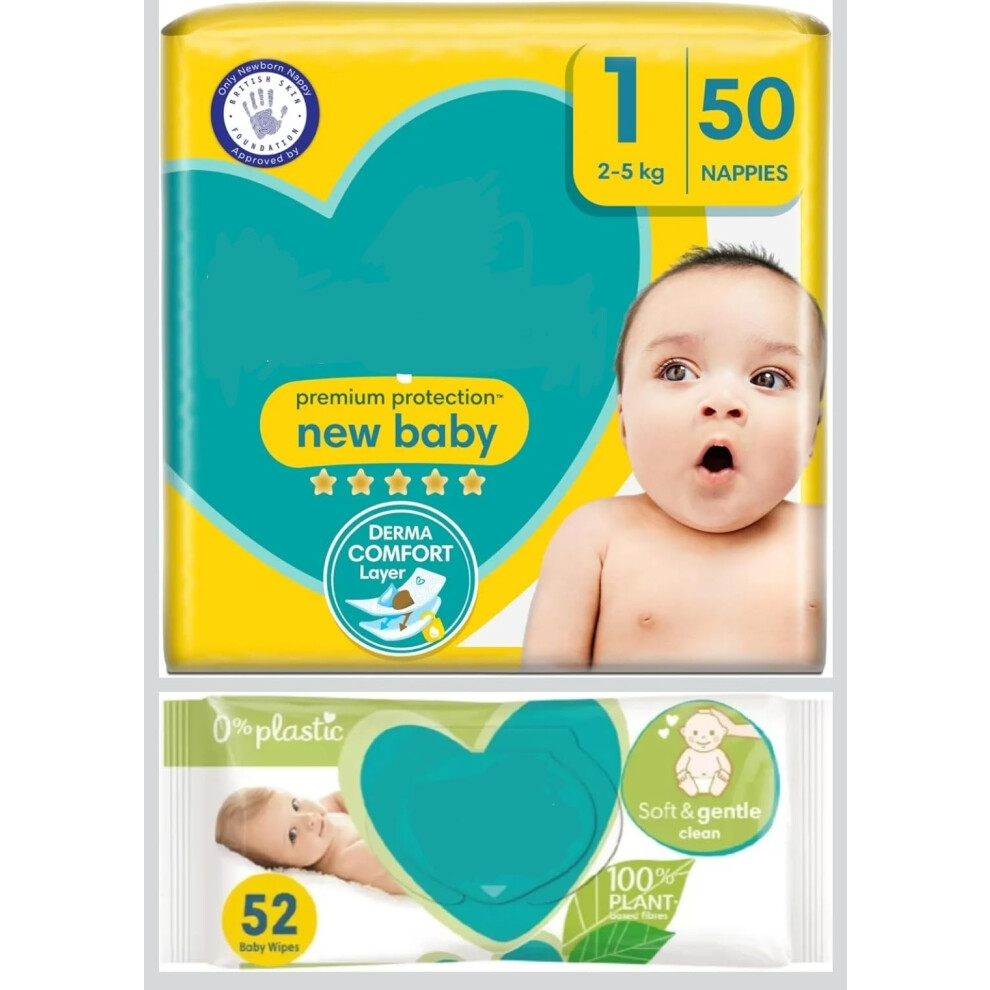 Disposable Nappies Bundle Consists of New Baby Size 1 Essential Pack - 50 Nappies (2kg-5kg) with Sensitive Baby Wipes (52 Wipes), White-image-OPC-PJRDBWY-NEW