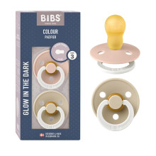BIBS Colour Night Soother 2-Pack, BPA Free Dummy Pacifier, Round Nipple. Natural Rubber Latex, Size 3 (18+ Months), Blush Night/Vanilla Night