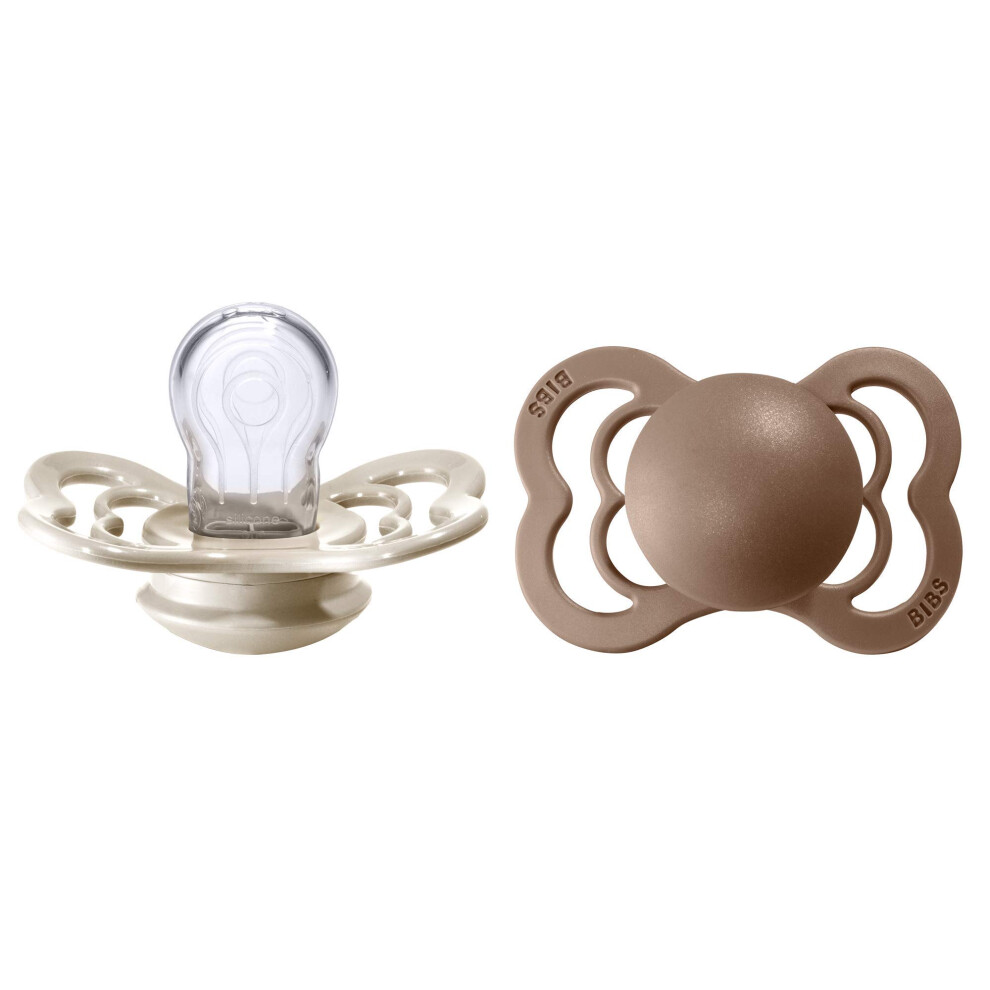 Supreme Soother 2-Pack, Bpa Free Dummy Pacifier, Symmetrical Nipple. Silicone, Size 1 (0-6 Months), Vanilla/ Oak Dark Bibs