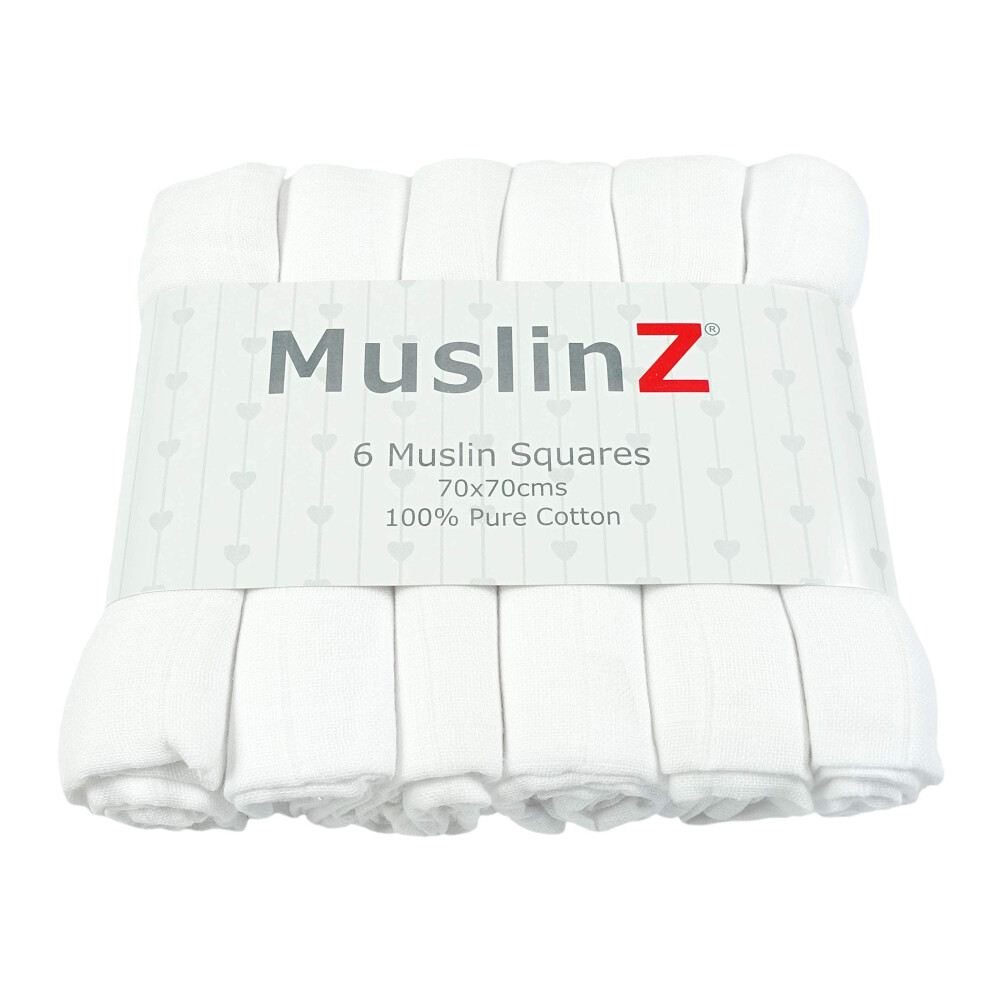 Baby Muslin Cloths, Baby Burp Cloths, Baby Muslins, Baby Diaper Cloths, 100% Pure Cotton, Newborn Baby Essential (6 Pack - 70X70cms) White Muslinz