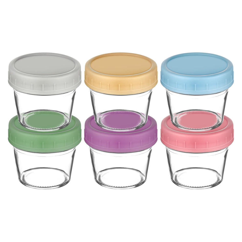 Aolso Baby Food Storage Containers, 6-Pack Glass Baby Food Containers, 100ML Weaning Freezer Pots with Airtight Lids, Freezer & Microwave Safe (Witho