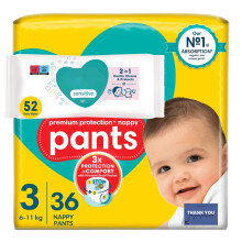 Premium Protection Diaper Bundle for Babies 6-11kg - New Baby Nappies Size 3 (36 Count) + Baby Wipes (52 Count) - Soft, Gentle & Leak-Resistant Care