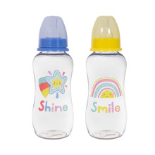 2 Pack Baby Milk and Water Bottles Easy Grip with Soft Silicone Medium Flow Teats 250ml 8.5oz, Fun and Cute Animal Designs (Rainbow & Star)