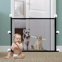 110x72cm Pet Mesh Gate, No Drilling Portable Stair Fence, Black Safety Guard Isolation Net, Stair Barrier with Hooks, Cat Barrier for Hallway Indoor