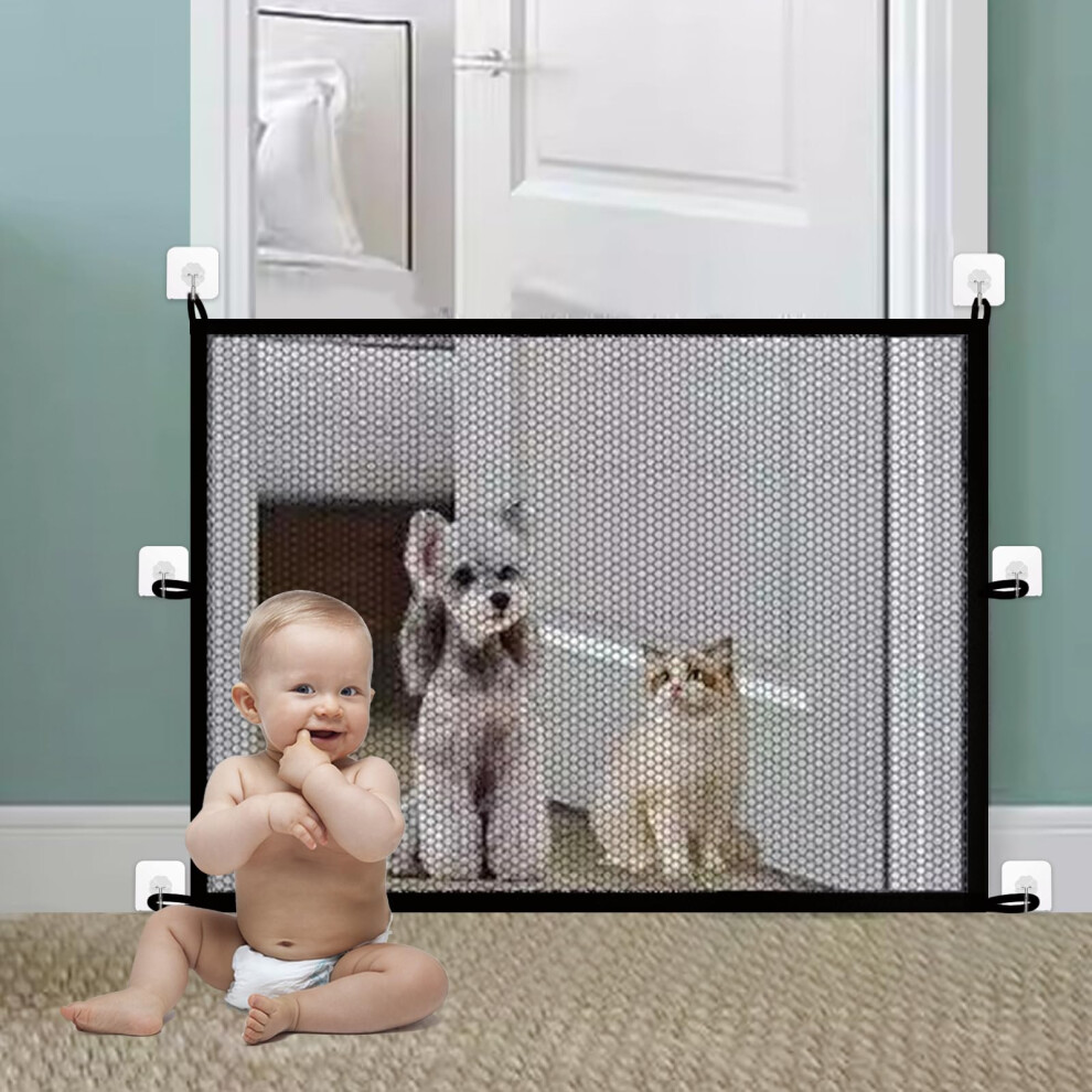 Topczy 110X72cm Pet Mesh Gate, No Drilling Portable Stair Fence, Black Safety Guard Isolation Net, Stair Barrier With Hooks, Cat Barrier For Hallway Indoor
