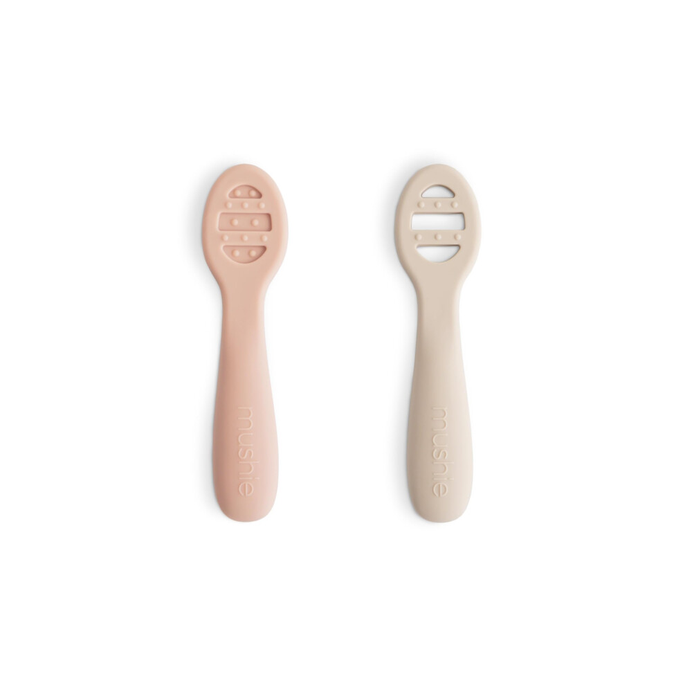 First Feeding Baby Spoons | Bpa-Free Silicone Learning Spoons 2-Pack | Dishwasher Safe Durable Toddler Utensils | Blush/Shifting Sand Mushie